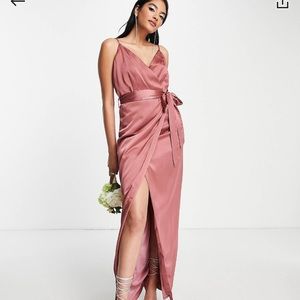 Liqorish Bridesmaid Satin Wrap Maxi Dress with Belt in Forever Rose